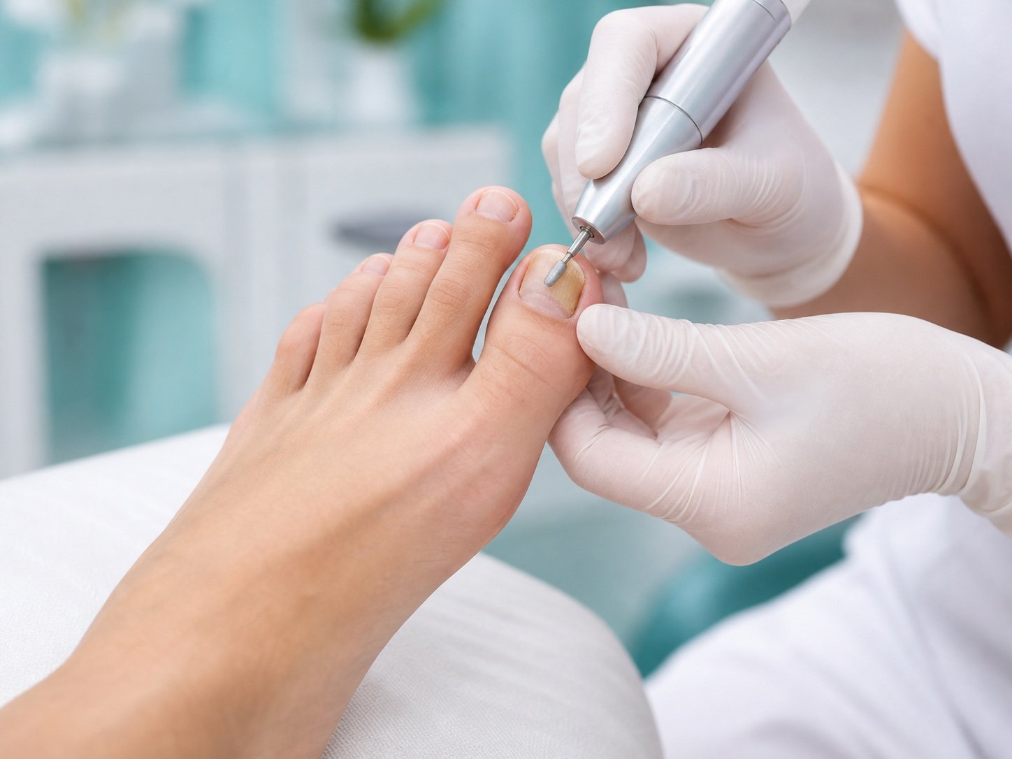 Pedicure verzorgt een verdikte of verkleurde teennagel