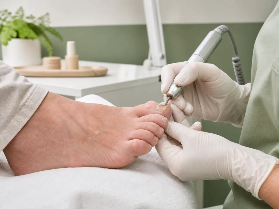 Professionele pedicure maakt een verdikte kalknagel voorzichtig dunner