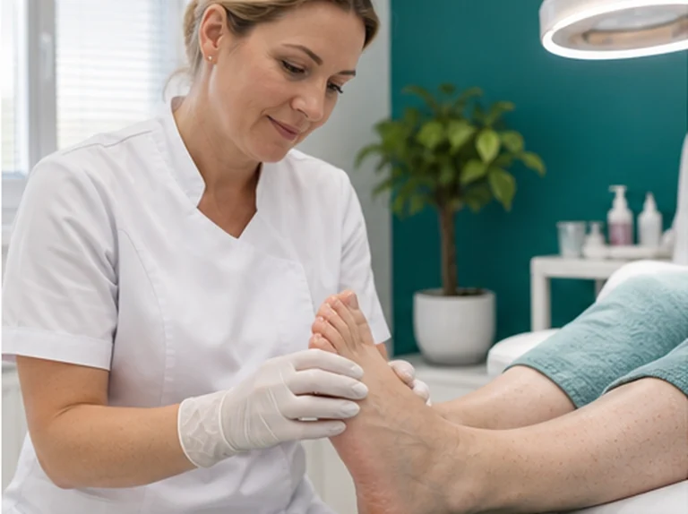 Diabetic pedicure voetcontrole met gloved hands