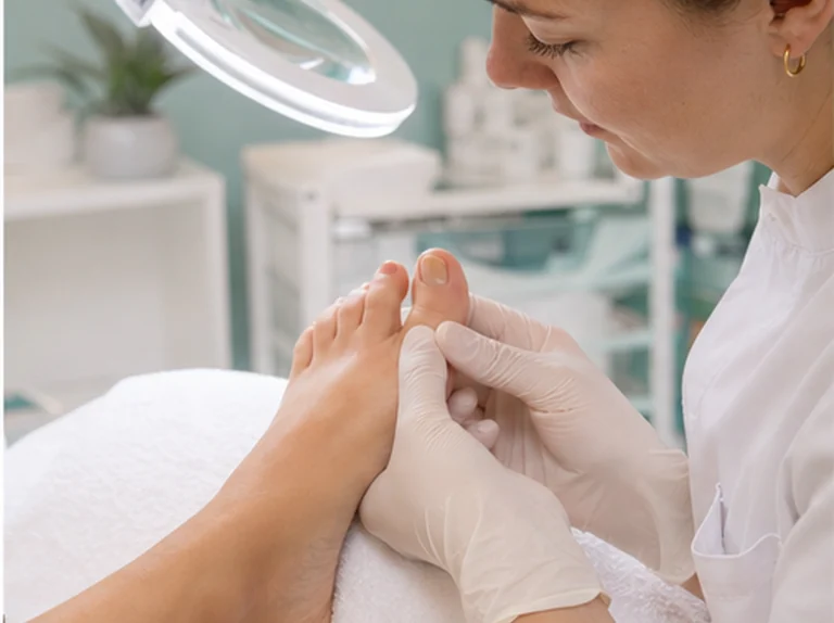 Pedicure bekijkt een ingegroeide teennagel rustig en professioneel