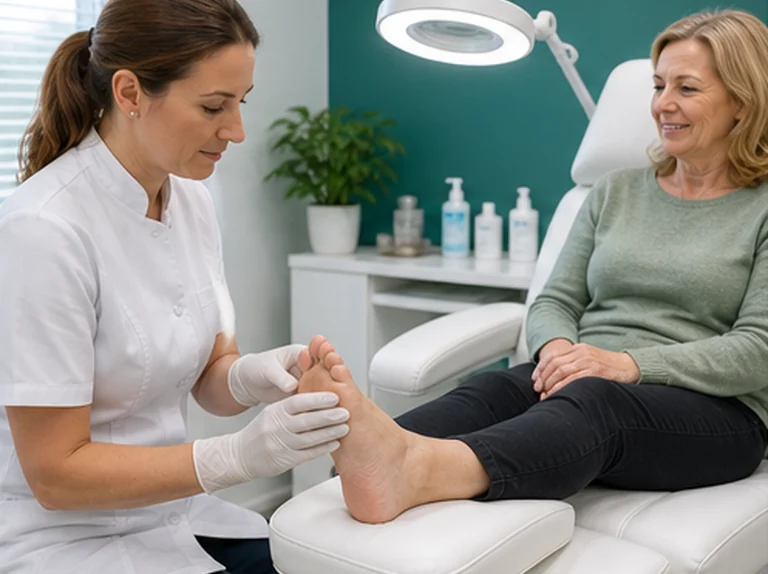 Medische pedicure voert voetcontrole uit
