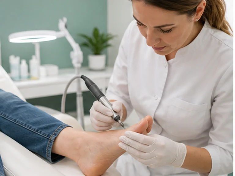 Pedicure behandelt een schimmelnagel hygiënisch